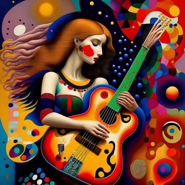 Colorful artwork of woman playing guitar with red hair