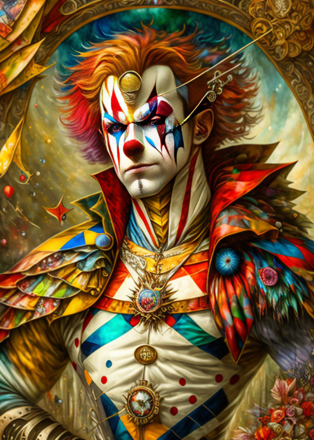 Colorful portrait of a dramatic clown with teardrop face paint and ornate attire