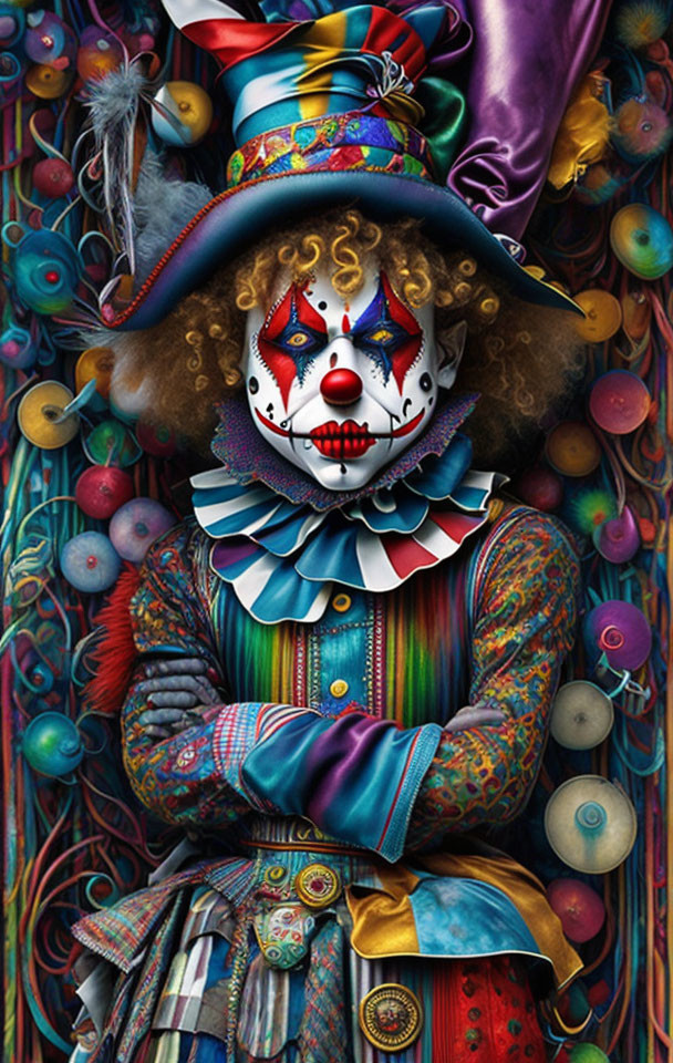 Colorful Clown with Intricate Costume and Painted Face