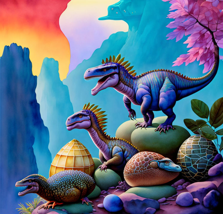 Vibrant dinosaur scene with eggs and flora under sunset.