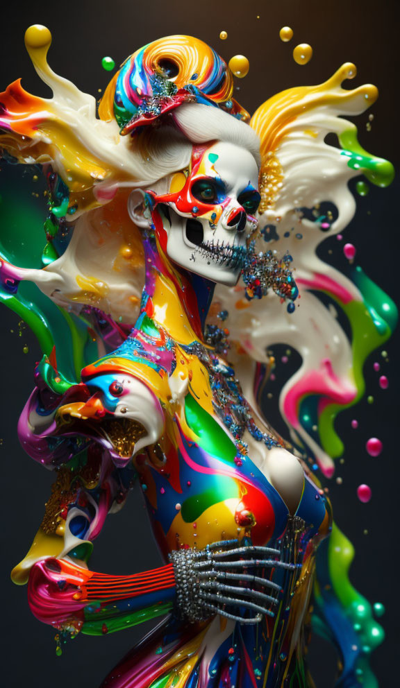 Colorful skeletal figure with Day of the Dead makeup in vibrant artistic image