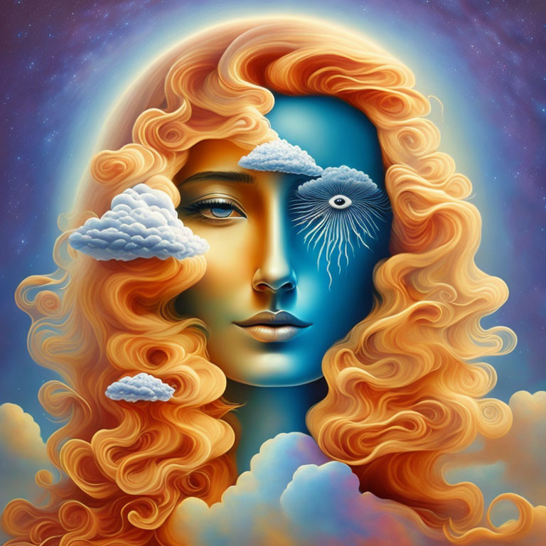 Surreal portrait of woman with orange hair, blue face, clouds, and cosmic third eye