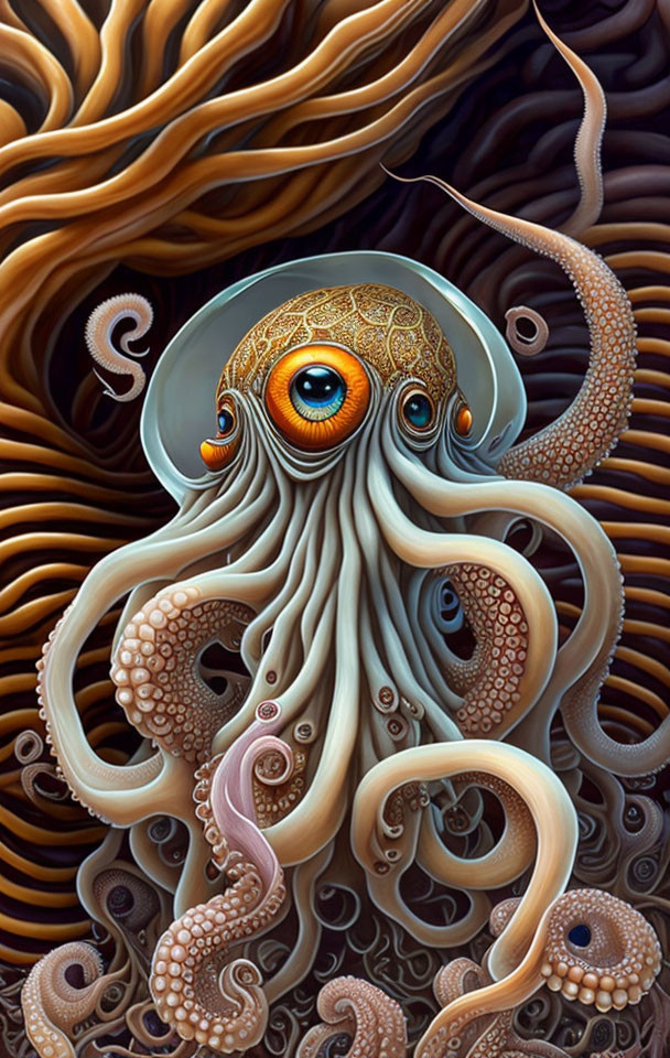 Detailed octopus illustration with surreal eyes and textured tentacles on wavy backdrop