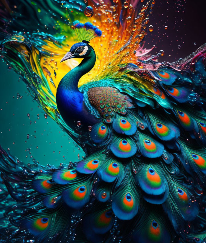 Colorful peacock image with spread feathers and water droplets.