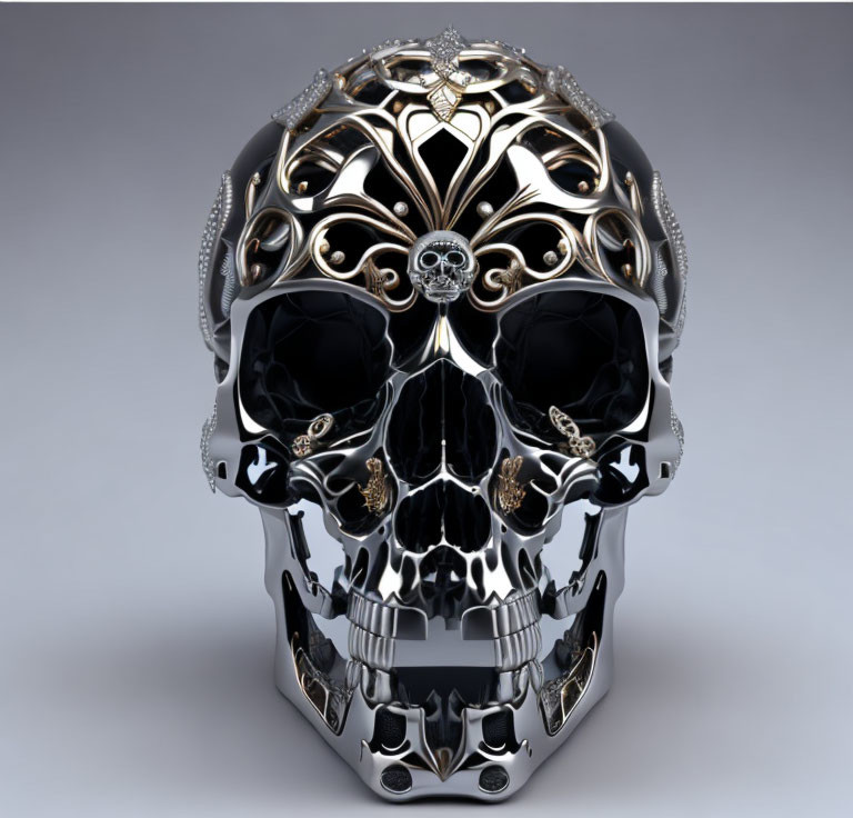 Intricate Metallic Skull with Silver and Gold Filigree on Grey Background