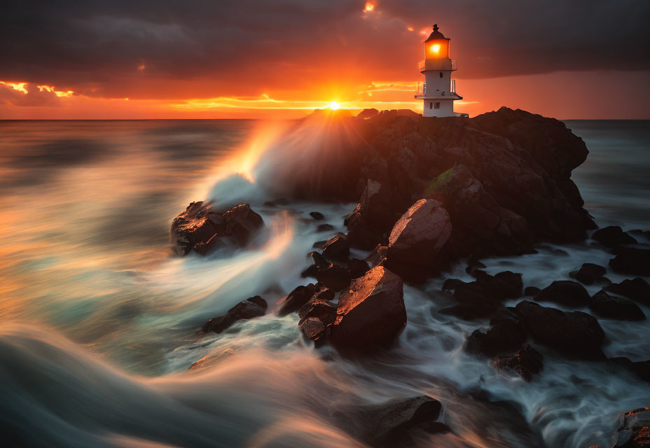 Dramatic sunset scene with lighthouse on rocky terrain