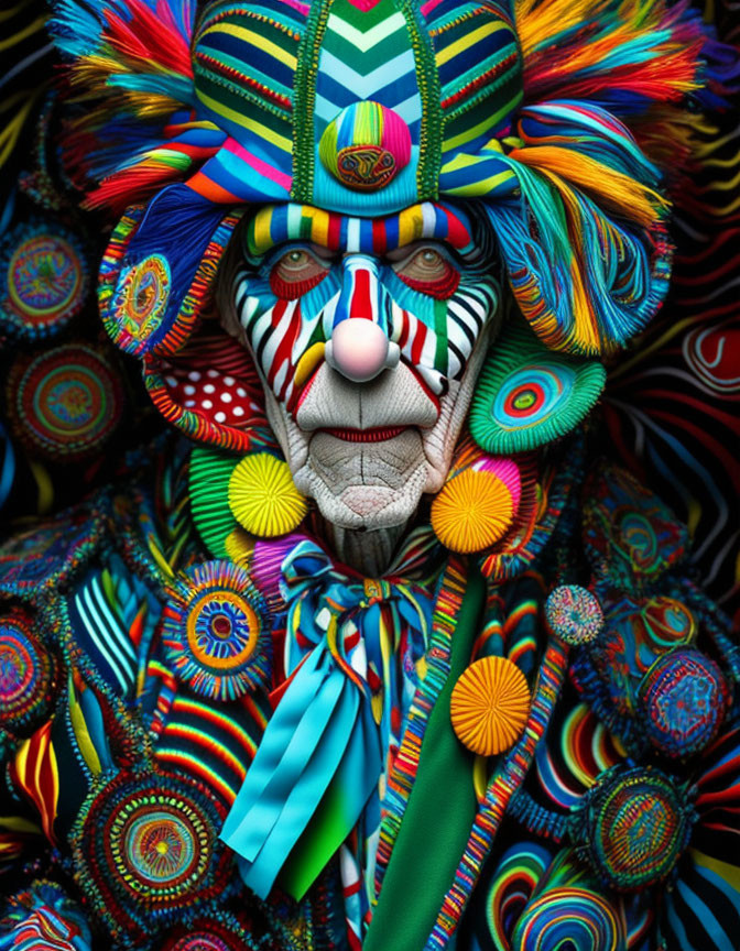 Colorful Clown with Intricate Patterns and Vibrant Costume