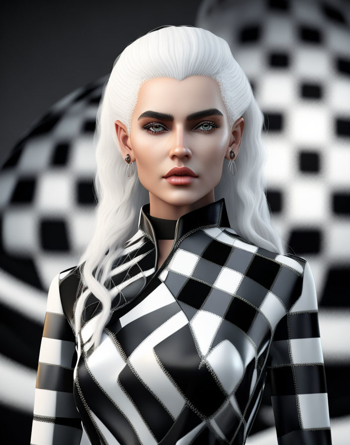 White-Haired Female Character in Checkered Outfit with Blue Eyes on Blurred Spherical Background