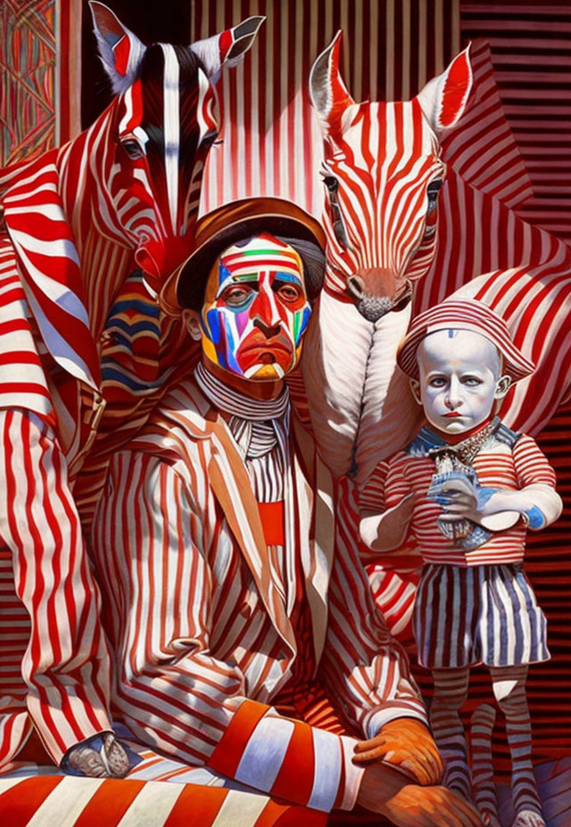 Colorful painting of man and baby in striped outfits with surreal zebra theme