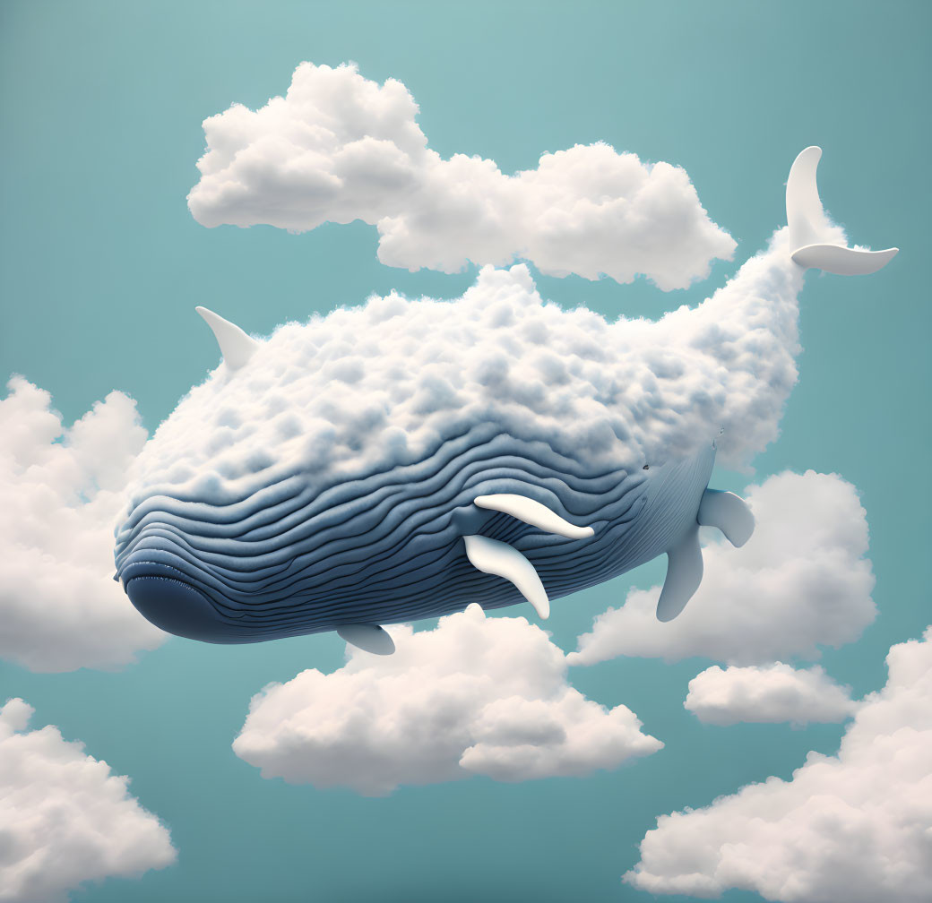 Whale-shaped cloud in blue sky art portrayal