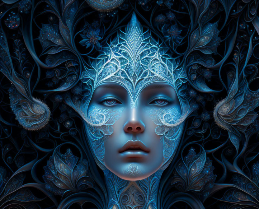 Fantasy Artwork: Woman's Face with Blue and Silver Patterns and Tree-like Crown on Dark Floral