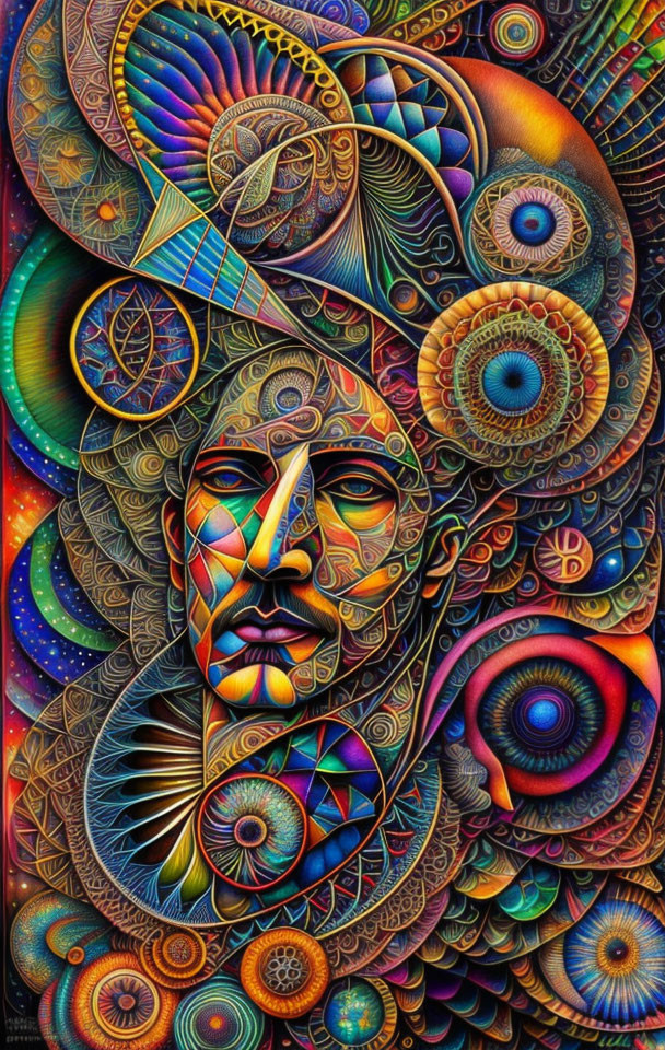 Colorful psychedelic human face surrounded by intricate patterns and shapes