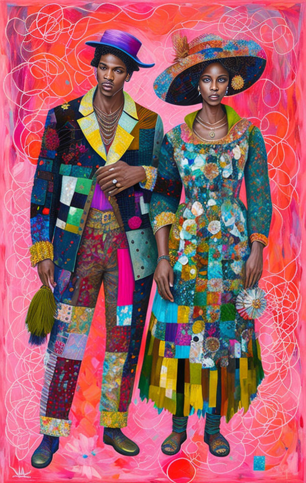 Man and woman in vibrant patchwork clothing against red floral background