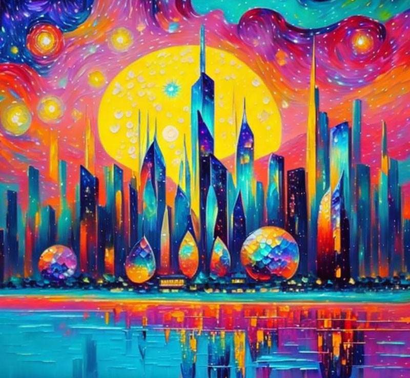 Colorful city skyline painting with stylized skyscrapers under swirling starry sky.