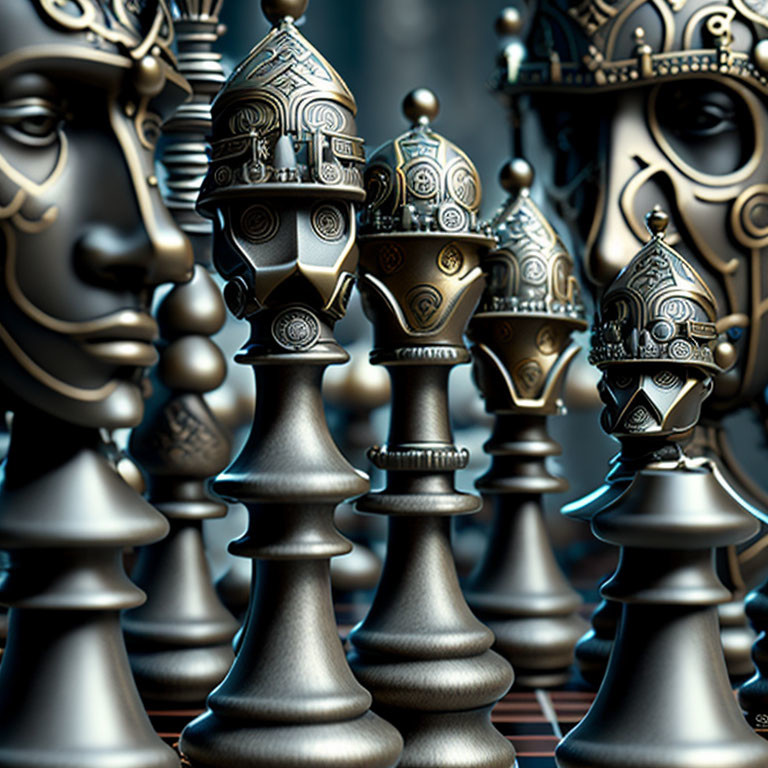 Intricately designed metallic chess pieces on a 3D-rendered board