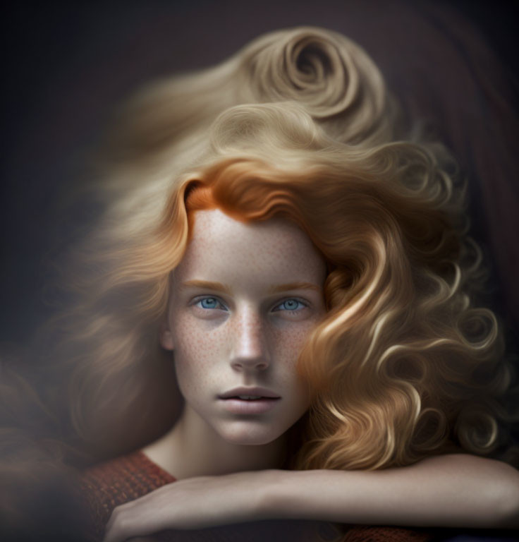 Person with Voluminous Curly Red Hair, Freckles, Blue Eyes, and Serene