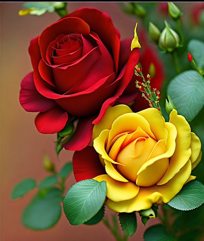 Red and Yellow Roses in Full Bloom with Green Leaves and Buds