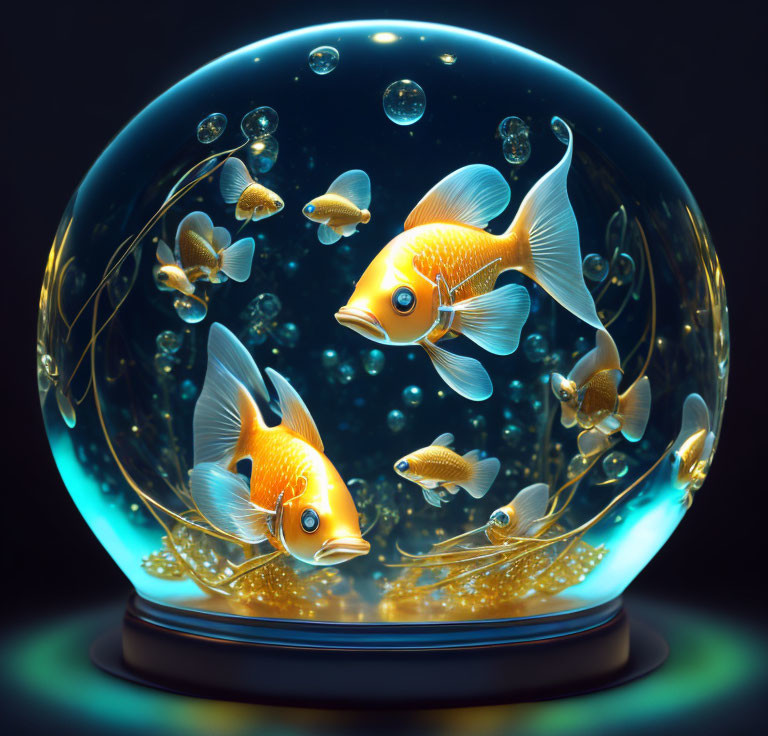 Vibrant goldfish in spherical aquarium with bubbles and small fish