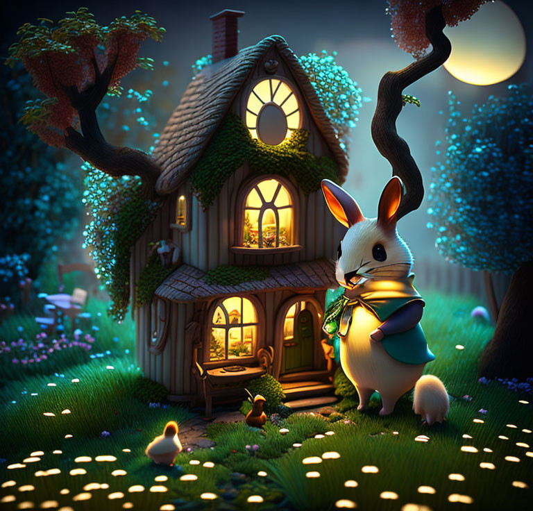 Anthropomorphic rabbit in clothes outside cozy, tree-shaped house at night