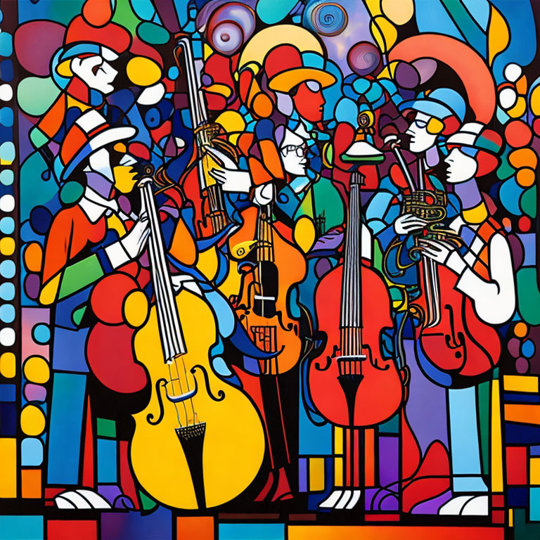 Colorful Abstract Painting of Stylized Musicians with Instruments