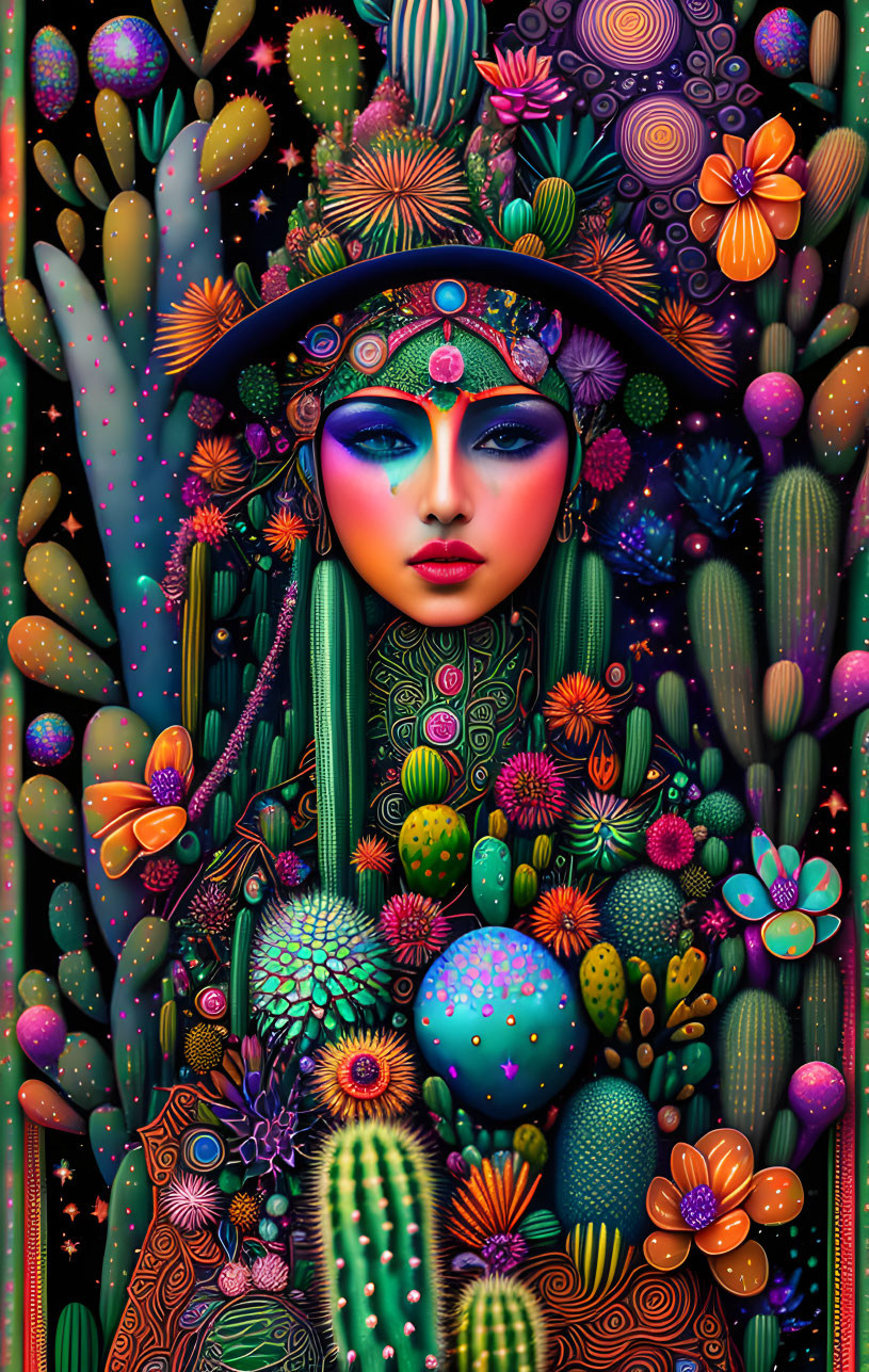 Colorful digital artwork of woman with face paint and bohemian headdress among cacti.