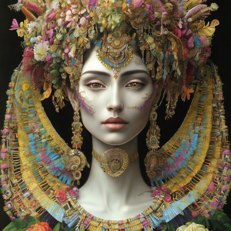 Elaborate portrait of a person with detailed headdress and face paint