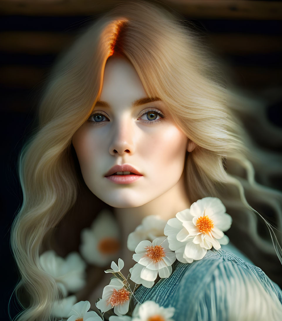 Portrait of woman with long blonde hair and striking eyes adorned with white flowers against dark background