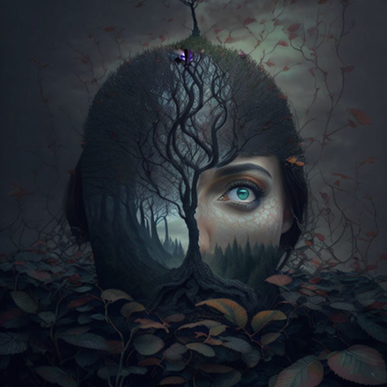 Surreal portrait blending human face with dark, leafy landscape and tree silhouette