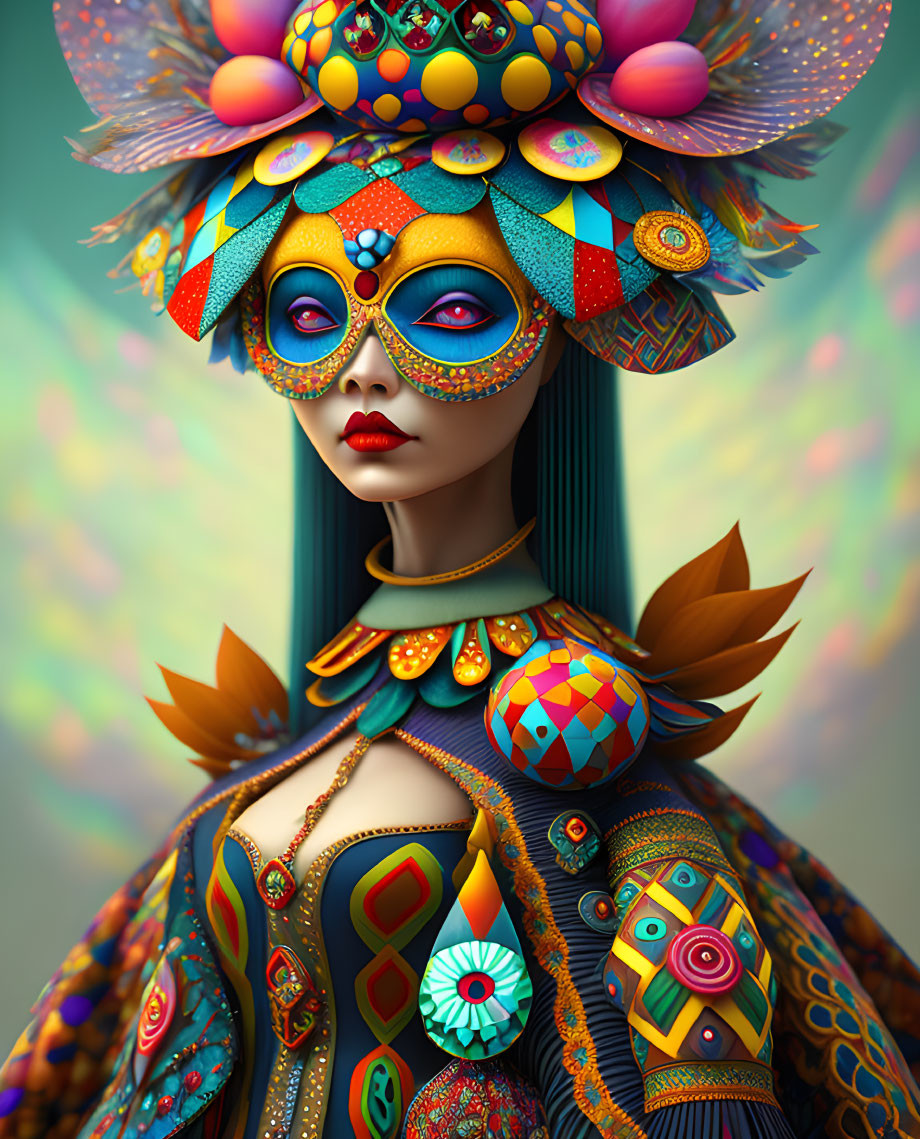 Colorful digital artwork of a woman with ornate headdress and costume.