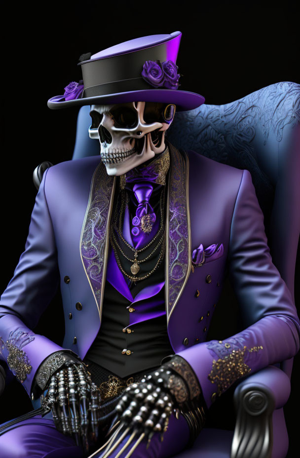 Stylized skeleton in purple suit, top hat, and sunglasses on elegant chair with rose