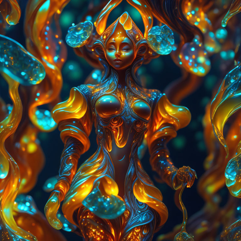 Vibrant surreal digital artwork: Female figure with ethereal features in blue and orange.