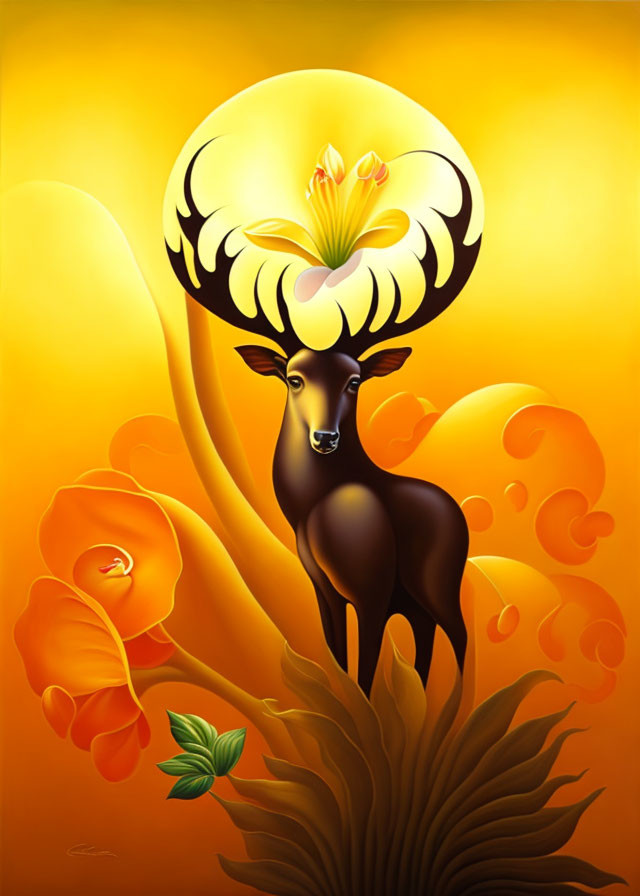 Surreal brown deer with glowing antler against warm orange background