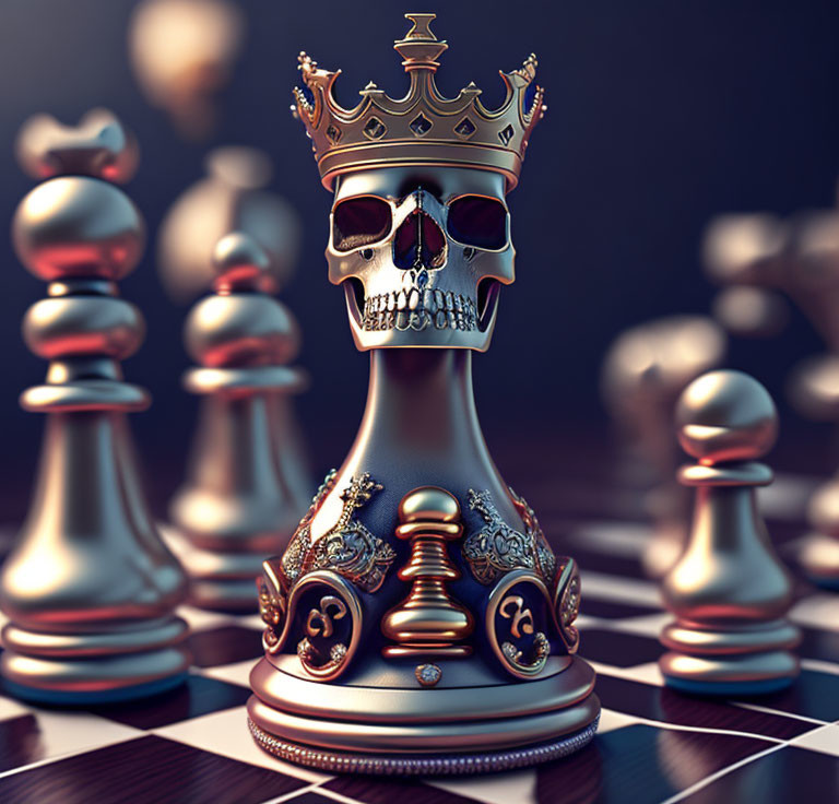 Unique Chess Set with Skull King & Pawns on Checkered Board