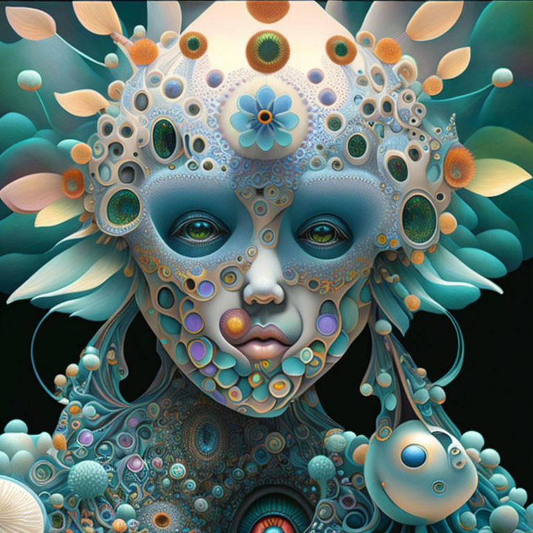 Colorful surreal digital art portrait with floral and organic patterns.