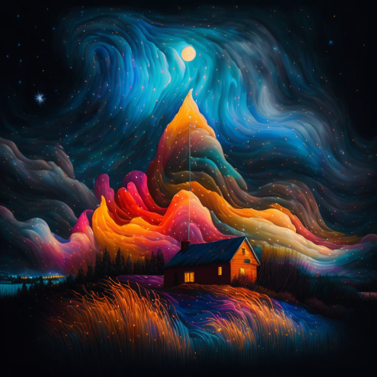 Colorful painting of solitary house under starry night sky