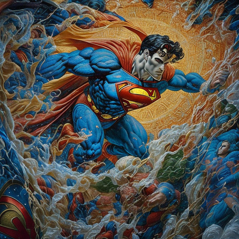 Superman illustration: dynamic flight scene with reflective poses