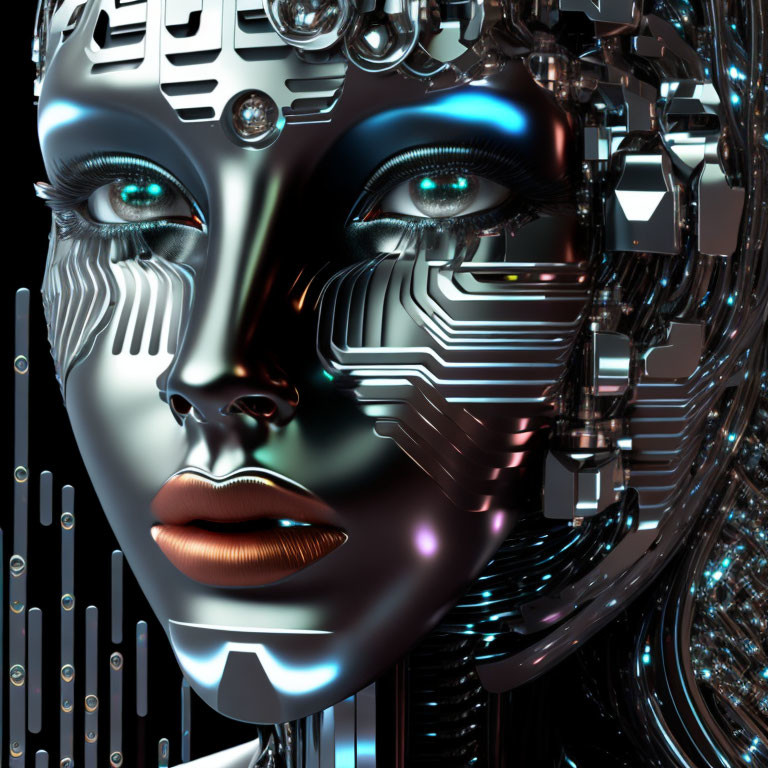 Detailed Hyper-Realistic Female Android Face with Silver and Black Mechanical Features