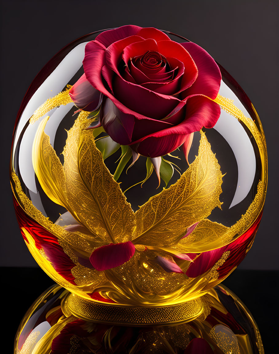 Glass paperweight with red rose, gold and yellow leaf patterns