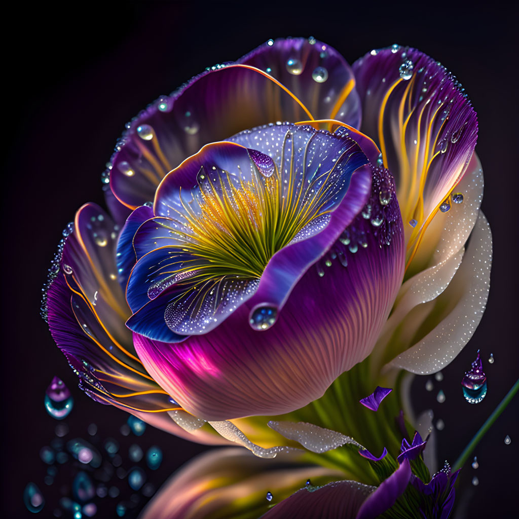 Vividly Colored Flower with Water Droplets on Dark Background