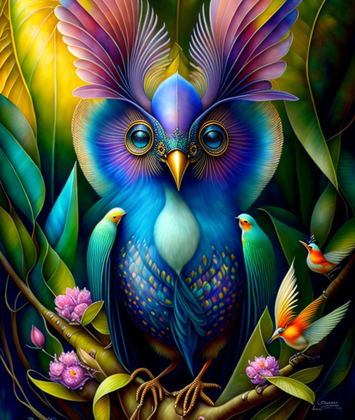 Colorful Owl Artwork with Birds and Foliage