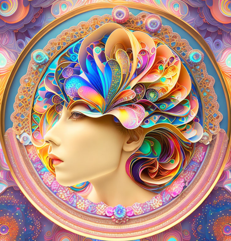 Colorful profile view digital artwork of a stylized woman with ornate patterns and floral elements on mand