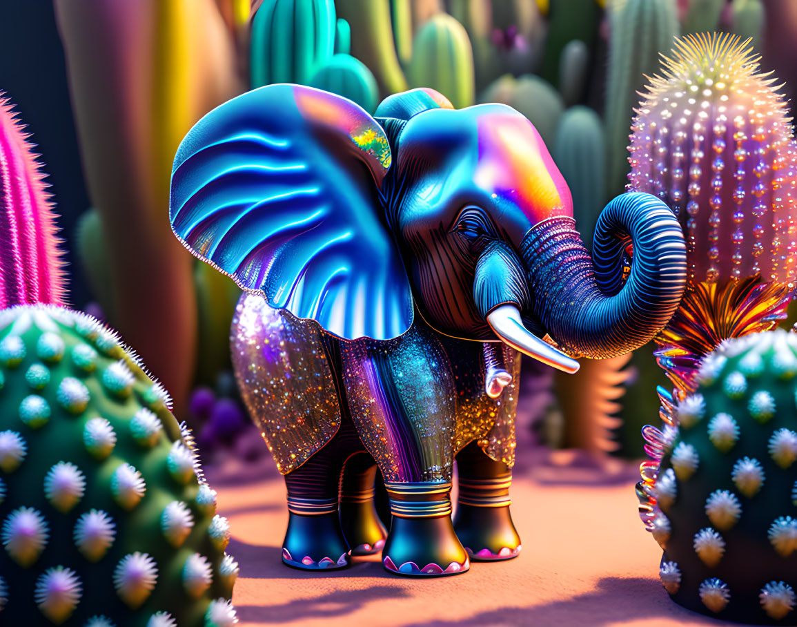 Colorful digital art: Cosmic elephant with patterned skin among neon cacti