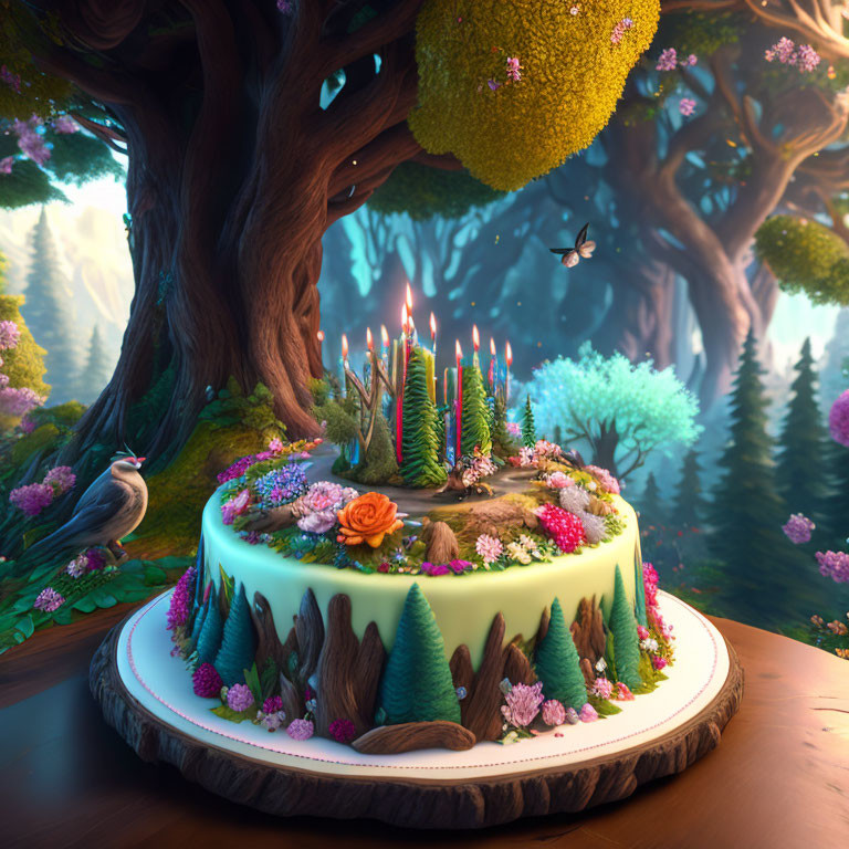 Whimsical forest-themed cake with lit candles and floral decorations