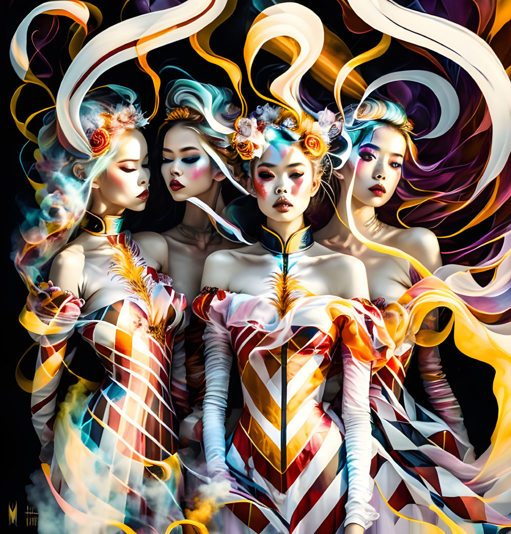 Colorful Stylized Women in Elaborate Dresses on Dark Background