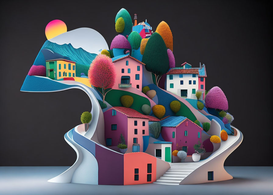 Colorful 3D artwork of houses in rolling landscape at sunset