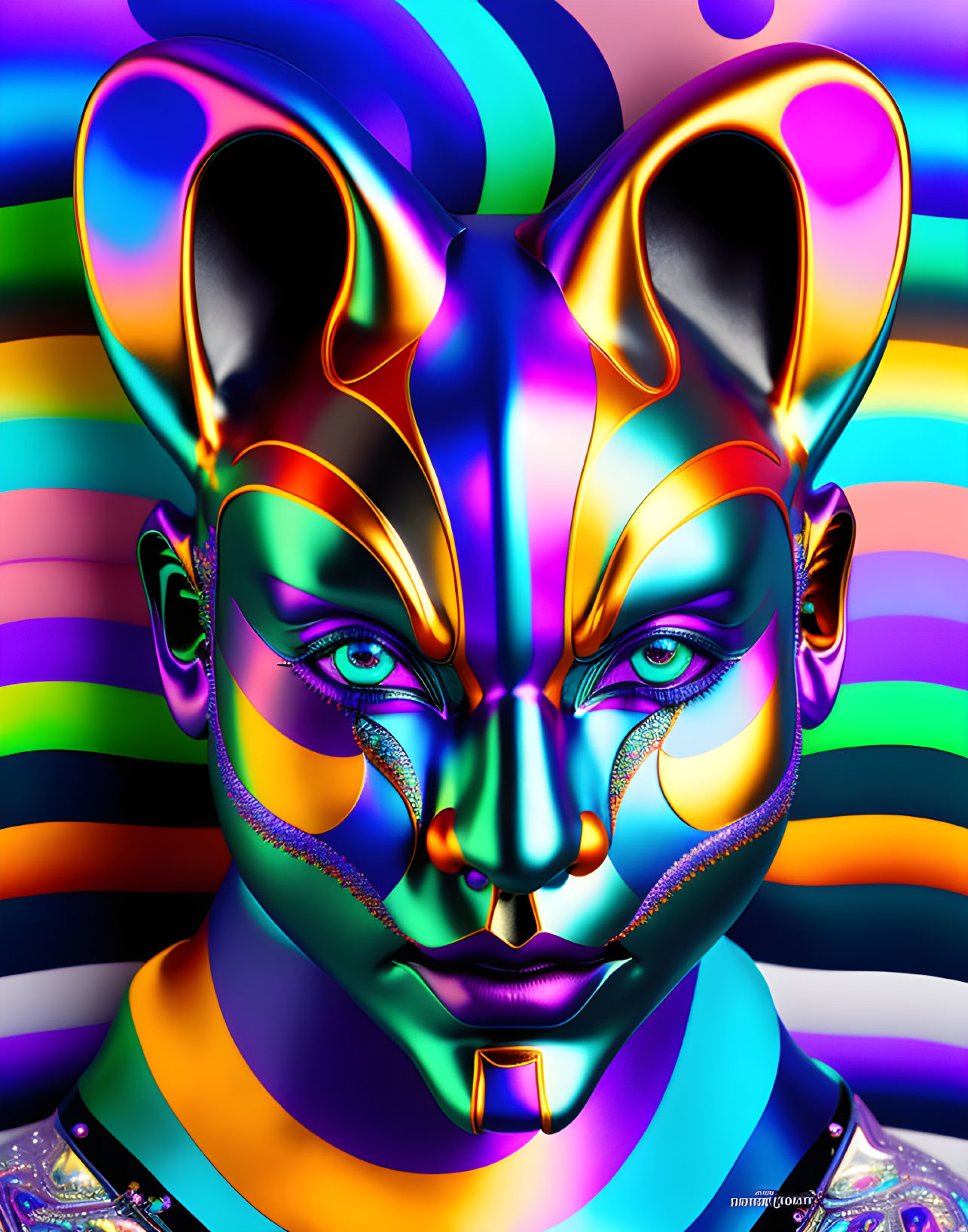 Colorful Digital Art: Human Face with Feline Features in Neon Colors