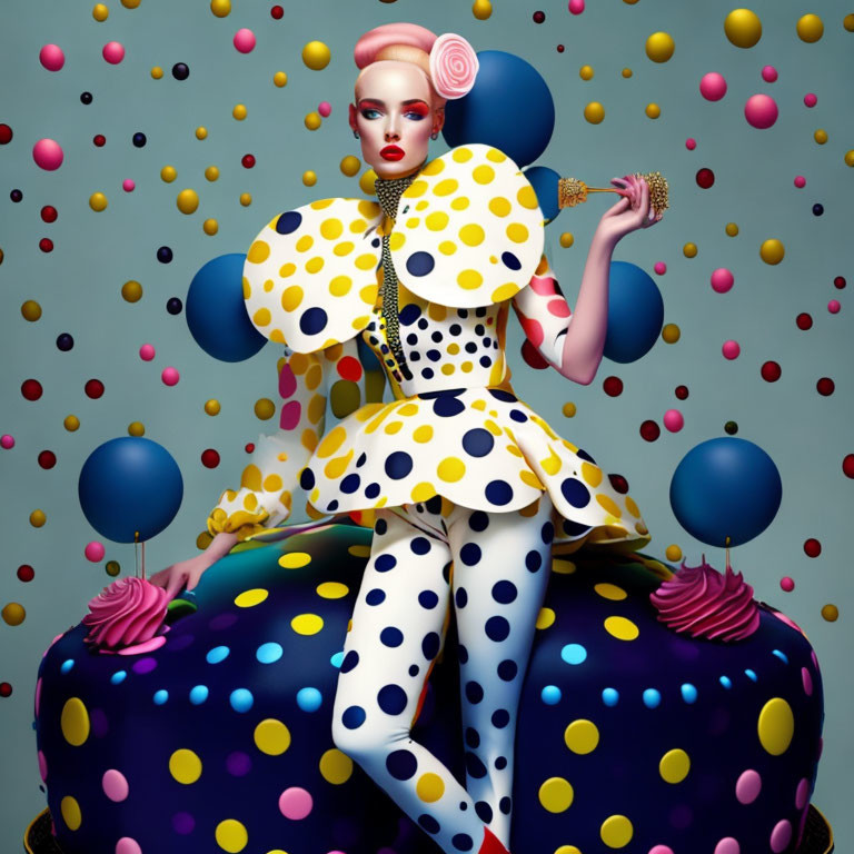 Digital artwork of woman in fashion makeup & polka dot outfit against multicolored spheres