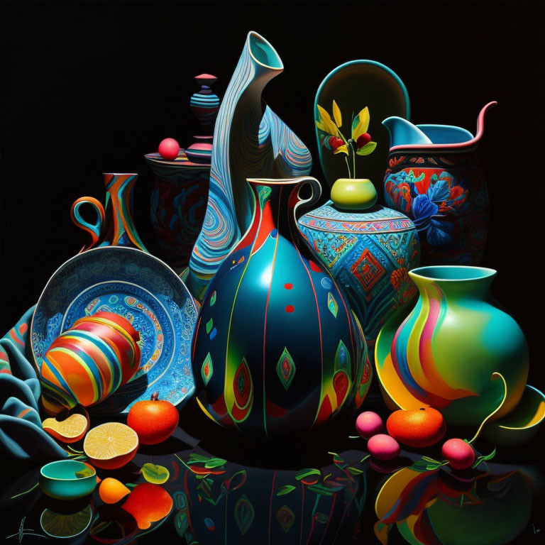 Colorful Vases, Fruits, and Reflective Surfaces in Dark Still Life