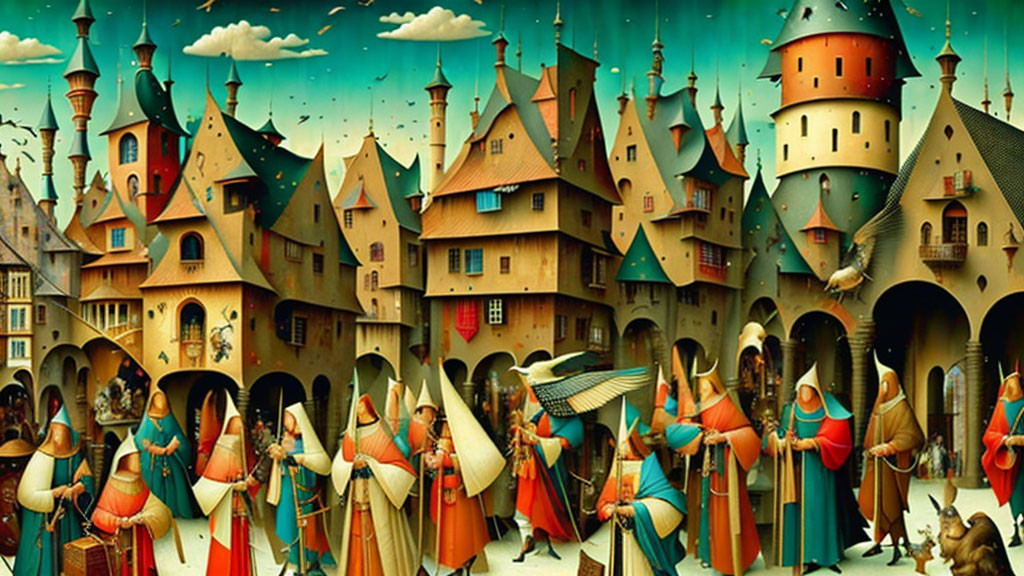 Vibrant medieval town with colorful buildings and ornate clothing