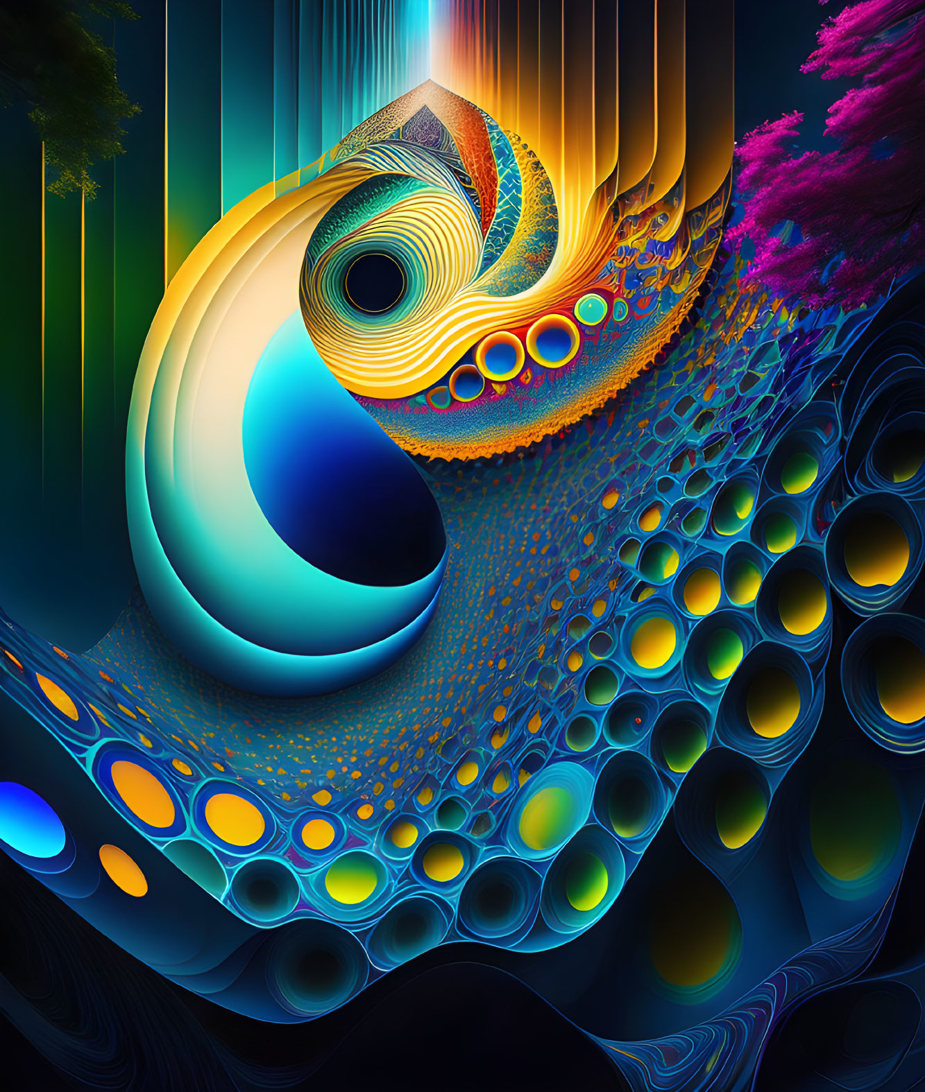 Colorful Swirl Pattern with Flowing Shapes and Natural Elements